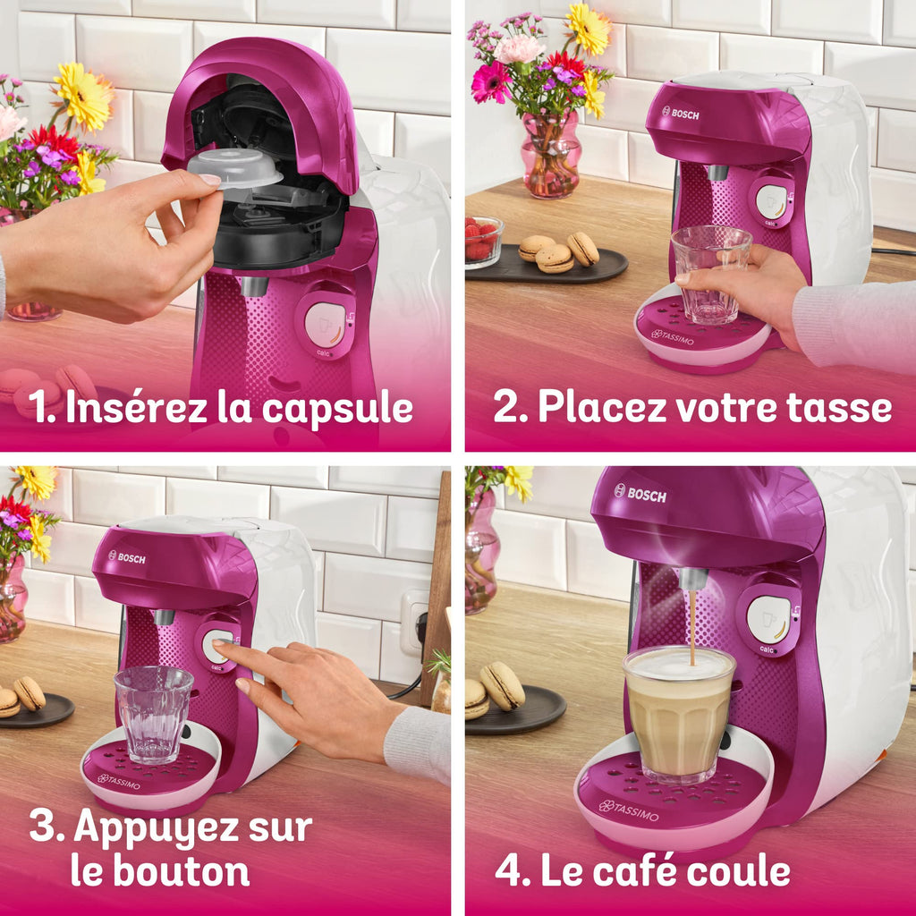 Cafetière Tassimo Happy TAS1001 Violet & Blanc – OneTouch, +40 Boissons, Compacte