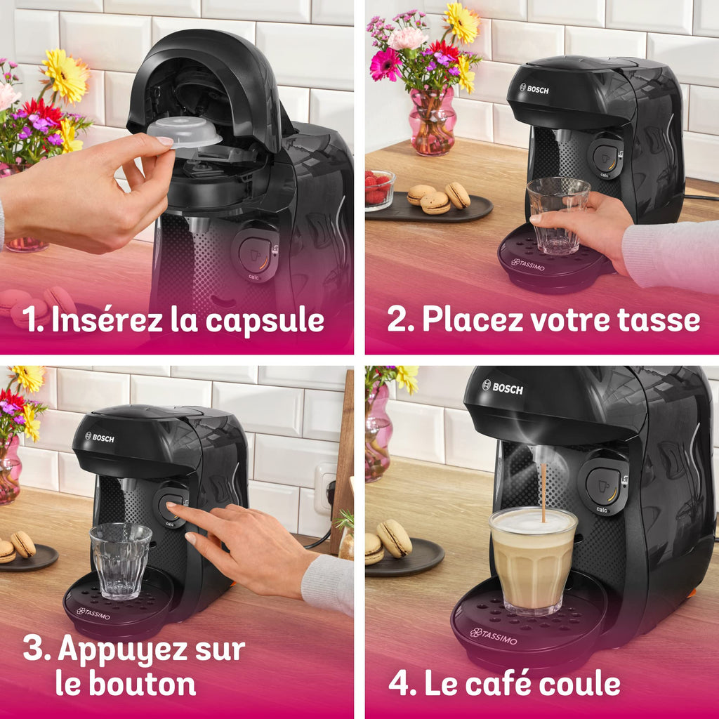 Cafetière Tassimo Happy TAS1002N Noir Intense – OneTouch, +40 Boissons, Compacte